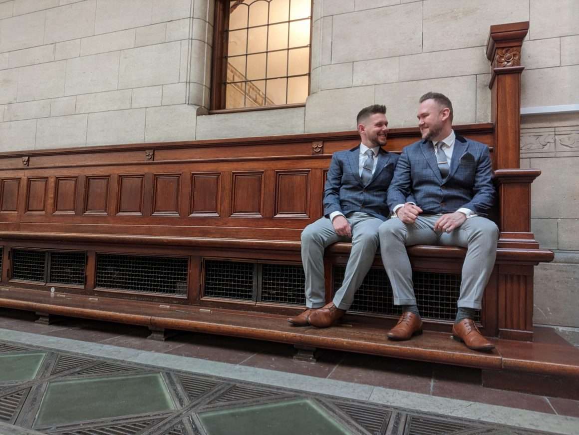 Smule community members on their wedding day sharing their love story sitting on a bench